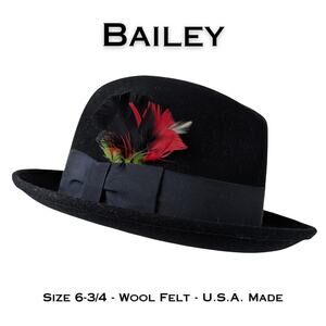 VTG Bailey Mens Fedora Hat 6 3/4 Black Wool Felt Wide Brim With Feather Classic